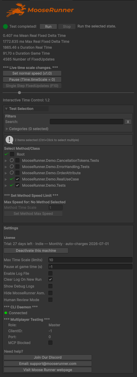 The real MooseRunner Unity inspector panel